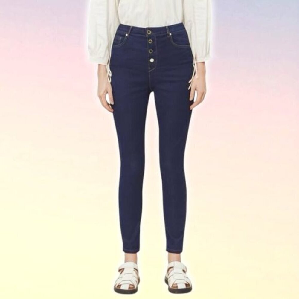 TED BAKER Leppie Button Front High Rise Skinny Jean Sz 25 Dark Blue